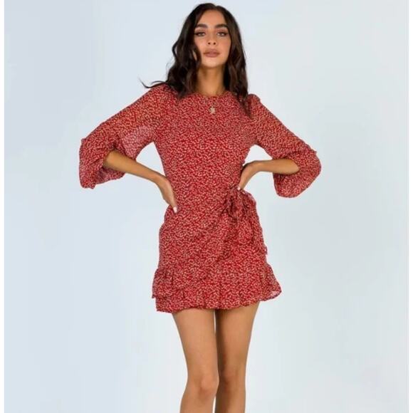 Princess Polly Illusions Floral Mini Wrap Dress Red Balloon Sleeve Size 4 - Picture 1 of 15
